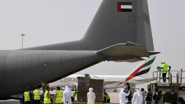 Tonnes of medical equipment and coronavirus testing kits provided bt the World Health Organisation are pictured at the al-Maktum International airport in Dubai on March 2, 2020. (AFP)