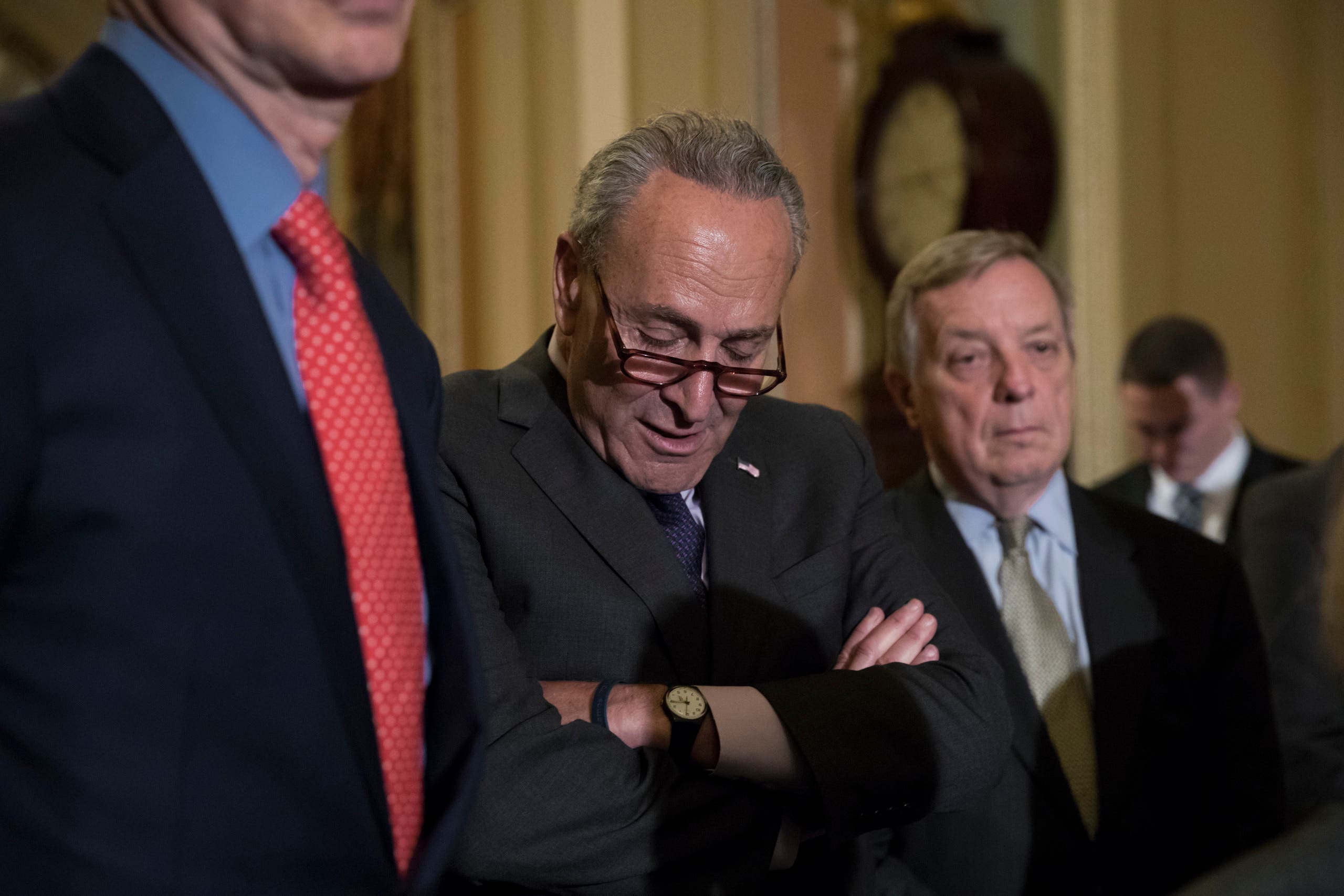 Senate Minority Leader Chuck Schumer pauses as he speaks with reporters on Capitol Hill in Washington on July 25, 2017. (AP)