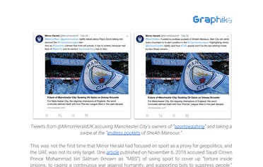 Tweets from @MirrorHeraldUK accusing Manchester City’s owners of “sportswashing” and taking a swipe at the “endless pockets of Sheikh Mansour.”