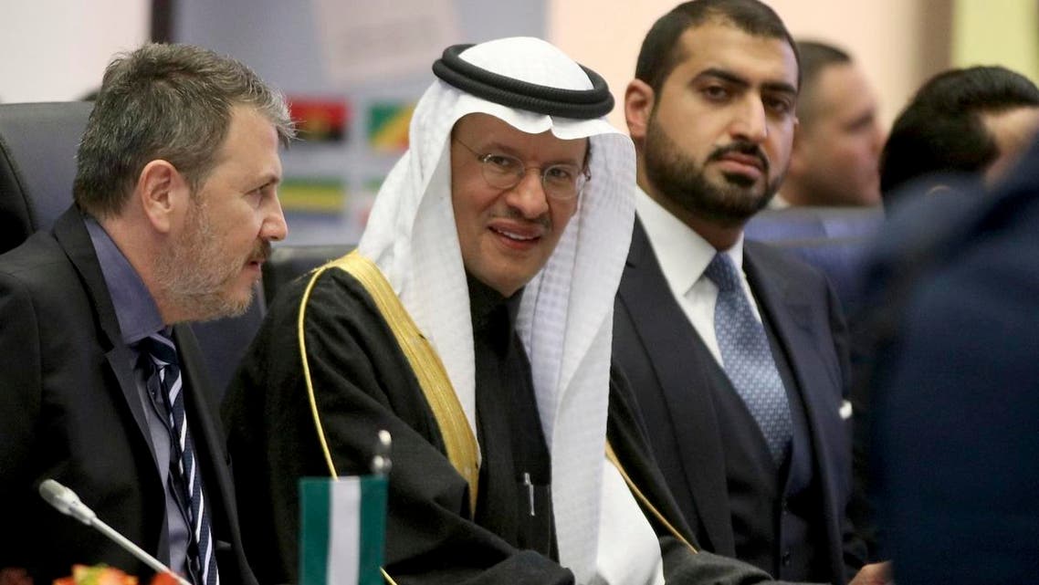 File photo of Prince Abdulaziz bin Salman Al-Saud, (center), Saudi Minister of Energy looks prior to the start of a meeting of the Organization of the Petroleum Exporting Countries at their headquarters in Vienna, Austria, Thursday, Dec. 5, 2019. (AP)