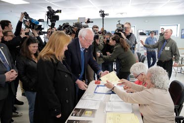 Democratic presidential candidate Sen. Bernie Sanders arrives to vote in the Vermont Primary near his home in Burlington, Vermont, on March 3, 2020. (AP)