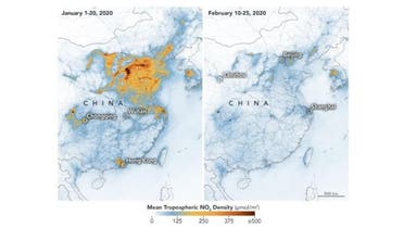 Satellite imagery of nitrogen dioxide levels over China. (NASA Earth Observatory)