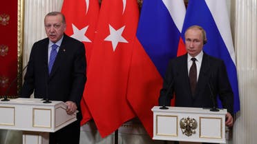 Russian President Vladimir Putin and Turkish President Tayyip Erdogan attend a news conference following their talks in Moscow, Russia, March 5, 2020. (Reuters)