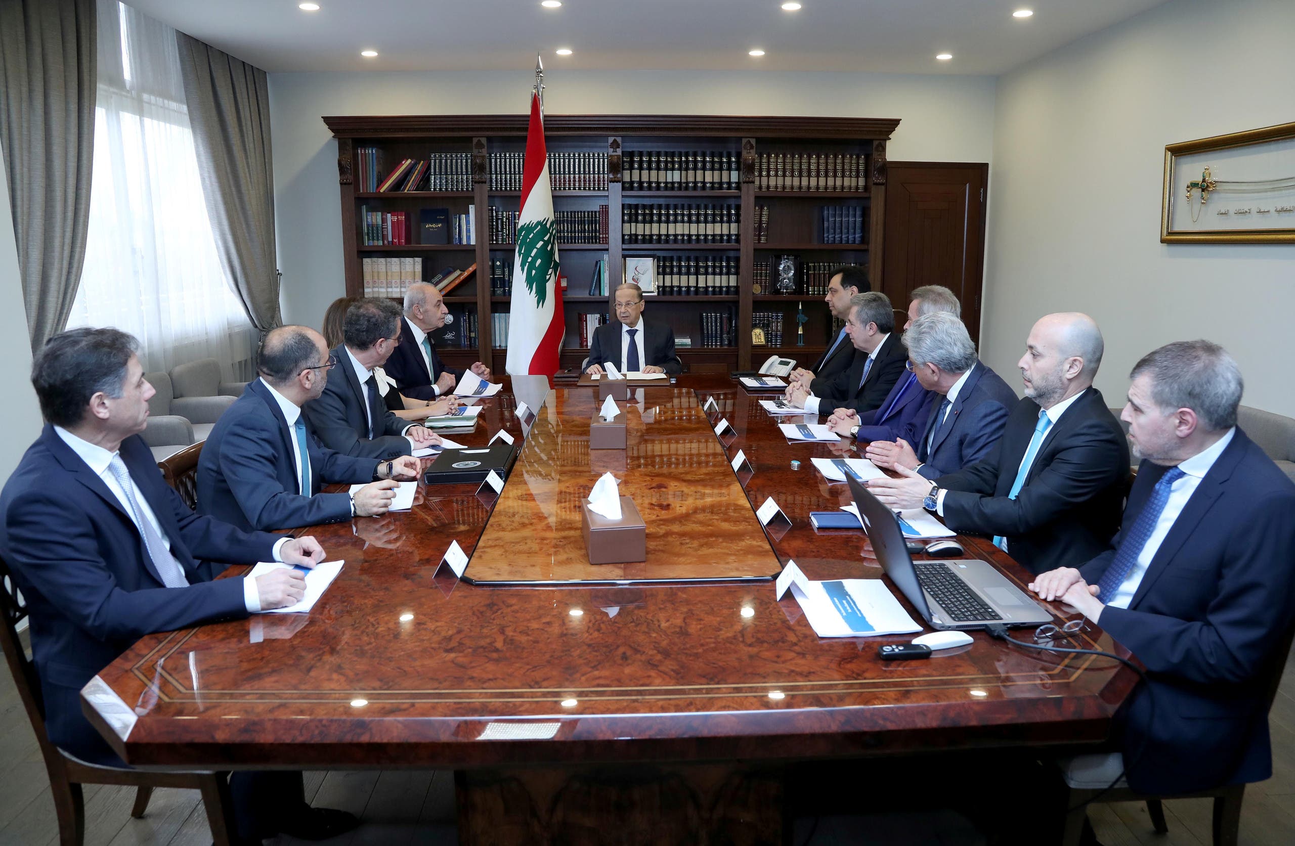 Lebanon's President Michel Aoun heads a financial meeting with Prime Minister Hassan Diab, Parliament Speaker Nabih Berri and Lebanon's Central Bank Governor Riad Salameh at the presidential palace in Baabda, Lebanon, March 7, 2020. (Reuters)