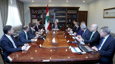 Lebanon's President Michel Aoun heads a financial meeting with Prime Minister Hassan Diab, Parliament Speaker Nabih Berri and Lebanon's Central Bank Governor Riad Salameh at the presidential palace in Baabda, Lebanon, March 7, 2020. (Reuters)