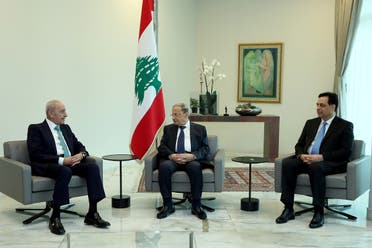 Lebanon's President Michel Aoun meets with Prime Minister Hassan Diab and Parliament Speaker Nabih Berri at the presidential palace in Baabda. (File photo: Reuters)