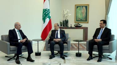 Lebanon's President Michel Aoun meets with Prime Minister Hassan Diab and Parliament Speaker Nabih Berri at the presidential palace in Baabda, Lebanon March 7, 2020. (Reuters)