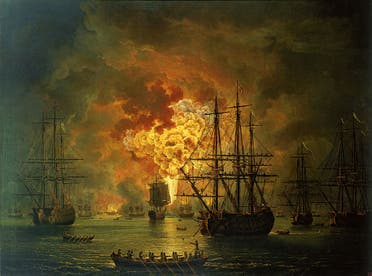 لوحة تجسد خراب البحرية العثمانية بمعركة شيسما عام 1770