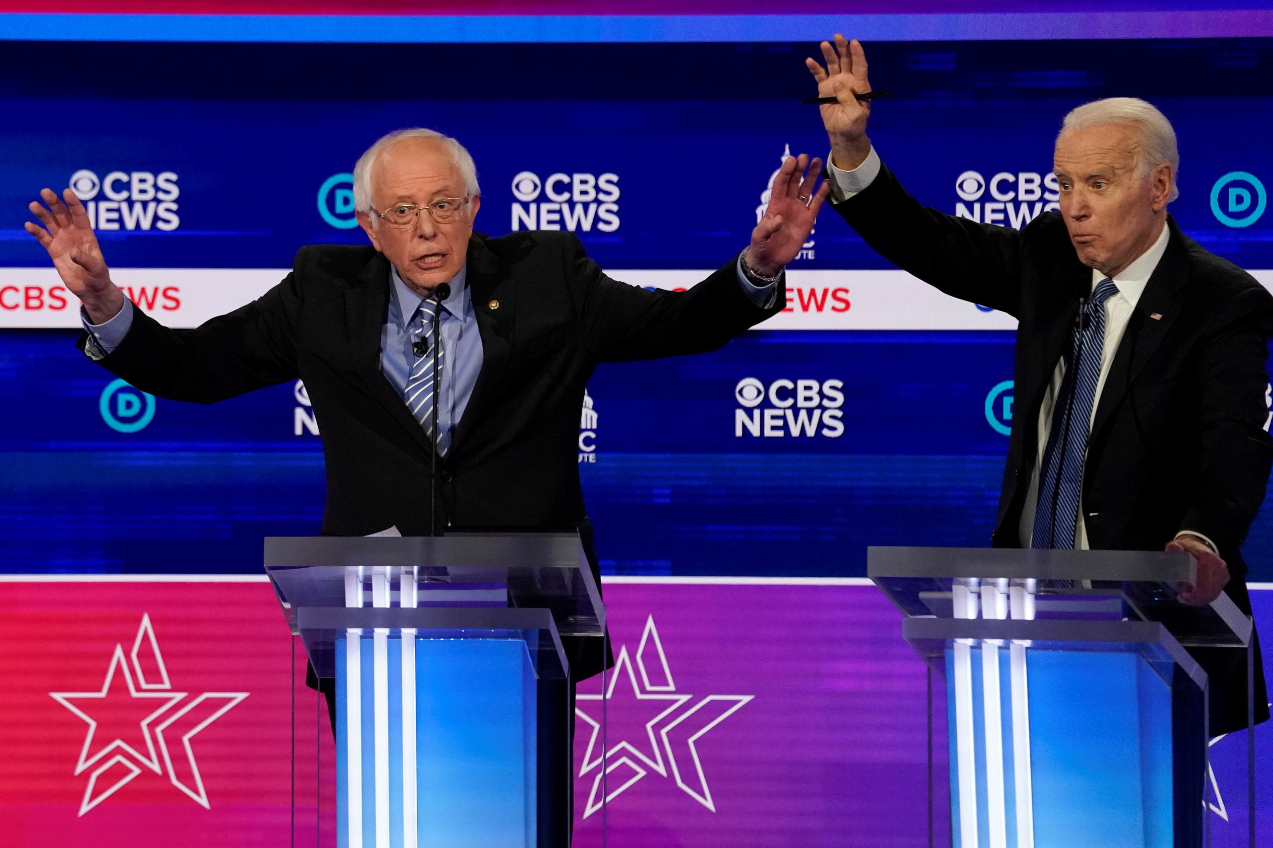 Democratic 2020 US presidential candidates Senator Bernie Sanders and former Vice President Joe Biden at the tenth Democratic 2020 presidential debate, South Carolina, US, February 25, 2020. (Reuters)