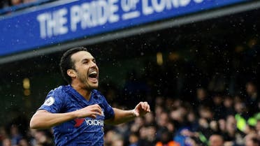 Chelsea’s Pedro celebrates scoring their second goal against Everton at Stamford Bridge, London, on March 8, 2020. (Reuters)