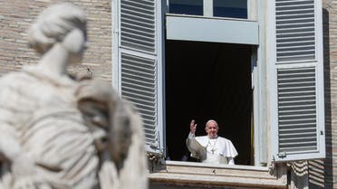 Pope Francis waves briefly from his window after delivering the Angelus prayer at the Vatican on March 8, 2020. (AP)