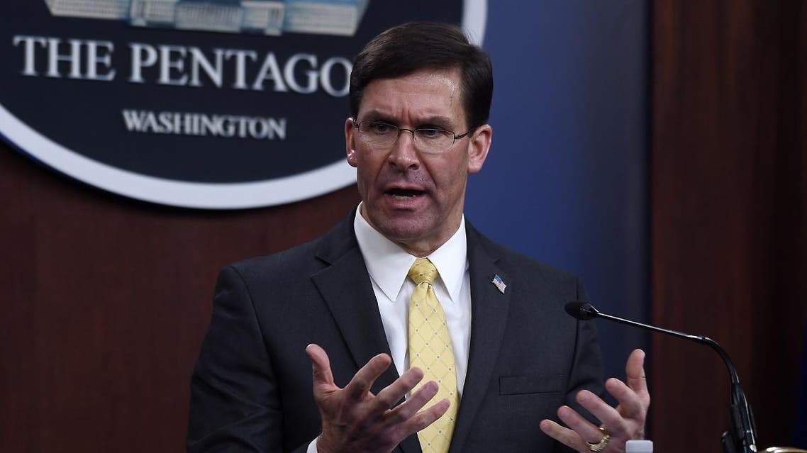 Secretary of Defense Mark Esper speaks at a press conference with British Defence Secretary Ben Wallace (out of frame) in the briefing room at the Pentagon on March 5, 2020 in Washington, DC. (AFP)