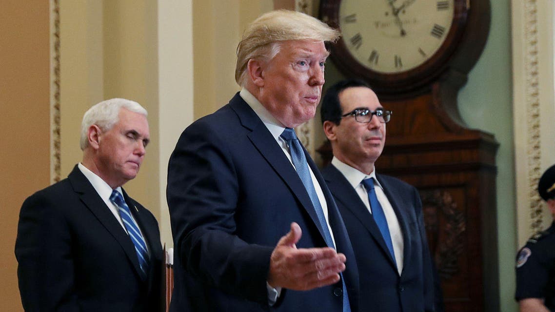 US President Donald Trump speaks to members of the news media following a closed Senate Republican policy lunch meeting to discuss the response to the coronavirus outbreak with senators on Capitol Hill in Washington, US, March 10, 2020. (Reuters)