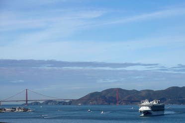Carrying multiple people who have tested positive for COVID-19, the Grand Princess cruise ship is shown after passing the Golden Gate Bridge from Yerba Buena Island in San Francisco, on March 9, 2020. (AP)