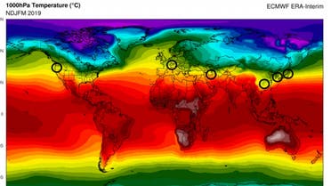 A screenshot from the University of Maryland study shows coronavirus hotspots along the same climate band. (Screengrab)