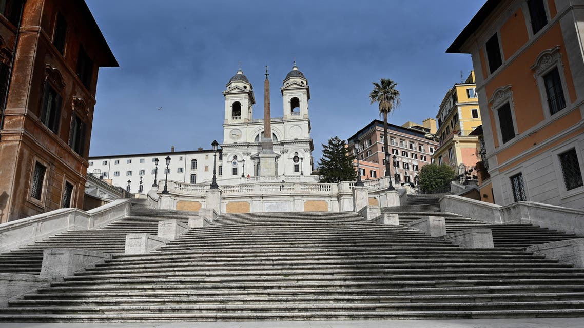 A view shows the deserted Spanish Steps by the Trinita dei Monti church in central Rome on March 12, 2020. (AP)