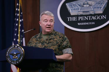 Marine Corps Gen. Kenneth F. McKenzie, commander of US Central Command, talks to journalists about the military response to rocket attacks that killed two US and one UK service members in Iraq at the Pentagon on March 13, 2020. (AFP)
