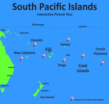 خريطة تبرز مواقع عدد من الجزر القريبة من استراليا بالمحيط الهادئ
