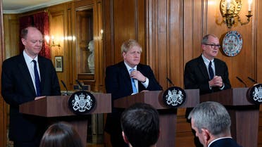 Chief Medical Officer for England Chris Witty, Britain Prime Minister Boris Johnson and Chief Scientific Adviser Patrick Vallance speak during a press conference about coronavirus in London on March 9, 2020. (AP)