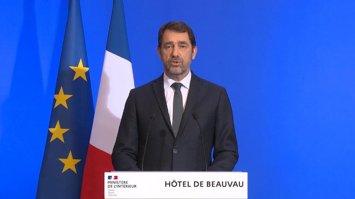 A grab of a video made on March 16, 2020 at the Interior Ministry in Paris shows French Interior Minister Christophe Castaner speaking during a press conference on the measures taken to fight the coronavirus. (AFP)