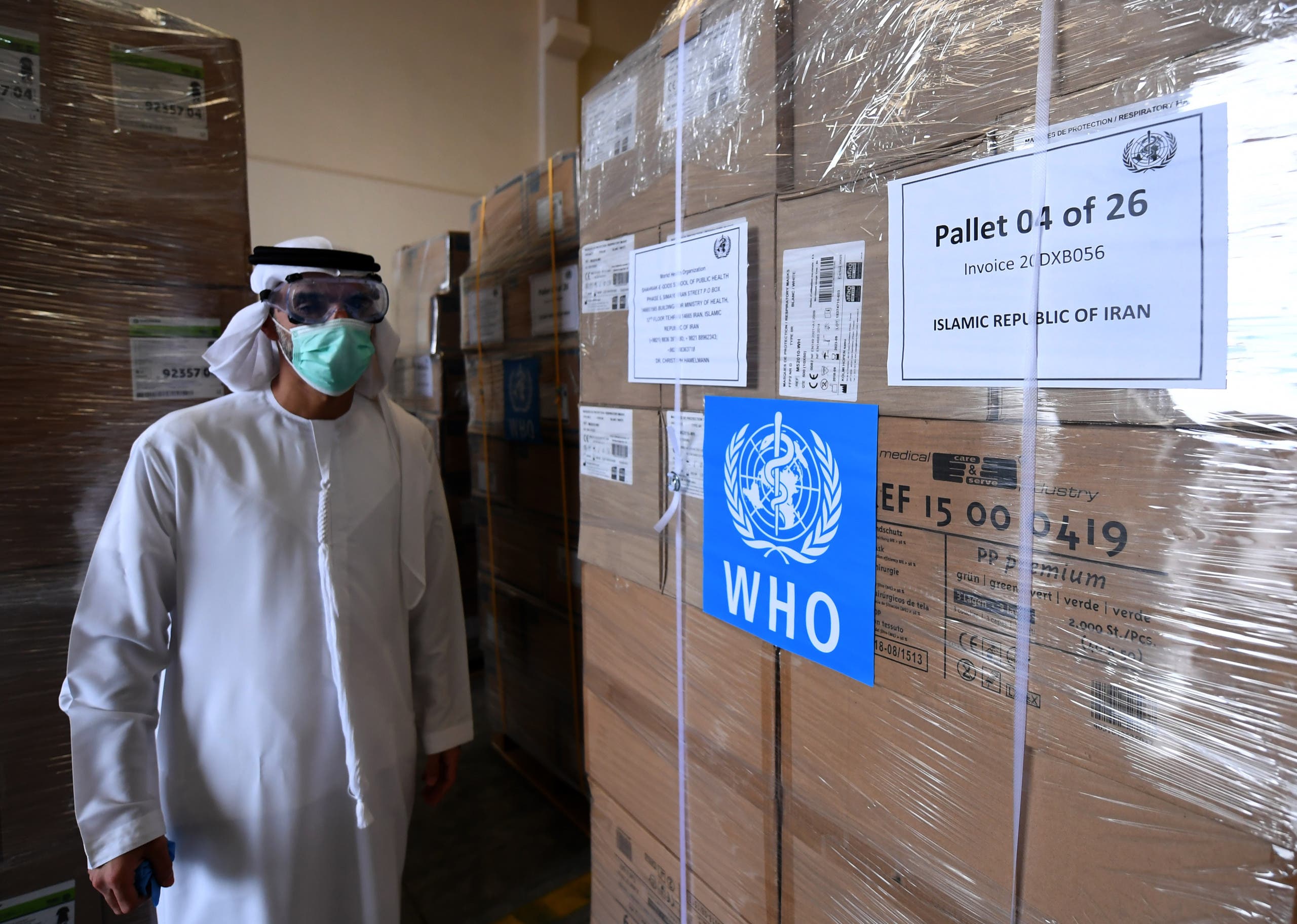 Medical equipment and coronavirus testing kits provided by the World Health Organization are pictured at the al-Maktoum International airport in Dubai on March 2, 2020 as it is prepared to be delivered to Iran with a United Arab Emirates military transport plane. (AFP)