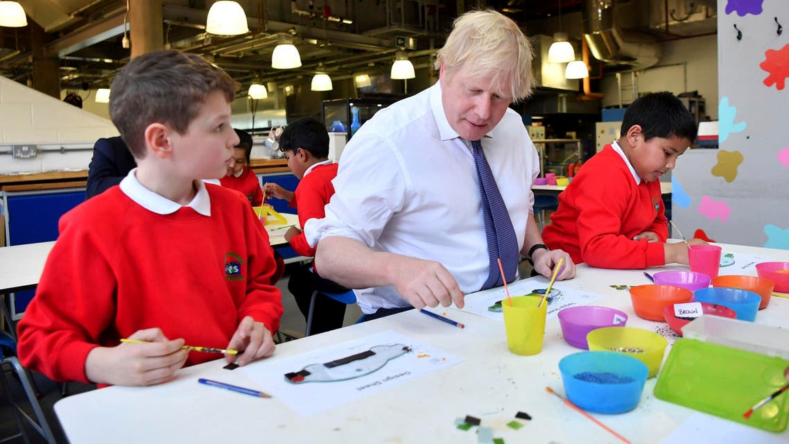 Britain’s Prime Minister Boris Johnson participating in a workshop with children from the Richard Avenue Primary School. (File photo: AP)