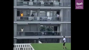From their balconies, apartment complex residents in Seville, Spain joined a workout class after a nation-wide lockdown was imposed to combat the spread of coronavirus. (Twitter)