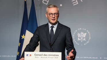 French Economy and Finance Minister Bruno Le Maire gives a press after a cabinet meeting in Paris Wednesday, March 18, 2020. (AP)