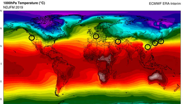 A screenshot from the University of Maryland study shows coronavirus hotspots along the same climate band. (Screengrab)