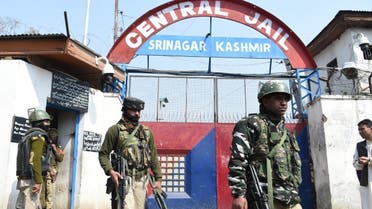 Indian paramilitary troopers patrol outside a central jail in downtown Srinagar on April 5, 2019. (AFP)