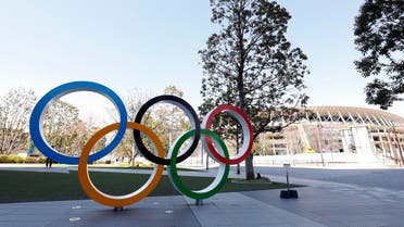 Olympic rings monument in front of National Stadium. (Reuters)