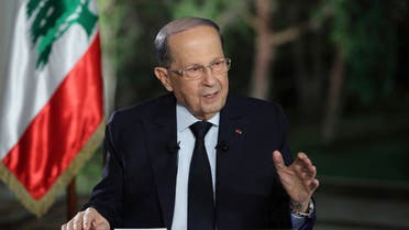 Lebanese President Michel Aoun speaks during a TV interview at the presidential palace, in Baabda, east of Beirut, Lebanon, Tuesday, Nov. 12, 2019. (AP)