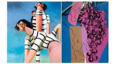 (L) Antipodal Reunion by George Condo, estimate $747-$996,000. (R) Grapes (Feldman & Schellmann II.190-195) by Andy Warhol, estimate $120-$180,000. Both pieces are due for auction this year. (Supplied)