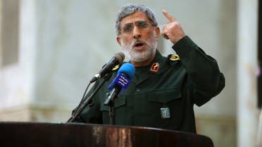 FILE - In this May 24, 2017 file photo, Gen. Esmail Ghaani speaks in a meeting at the shrine of the late revolutionary founder Ayatollah Khomeini just outside Tehran, Iran. Iraqi officials said Ghaani arrived in Baghdad this week to try and unify Iraq's fractured political leaders as stiff opposition by one major bloc thwarts the chances the country's latest prime minister-designate can form a government. Ghaani, head of Iran's expeditionary Quds Force, arrived in Iraq on his first public visit to the country since succeeding slain Iranian general Qassim Soleimani. (Hossein Zohrevand/Tasnim News Agency via AP, File)