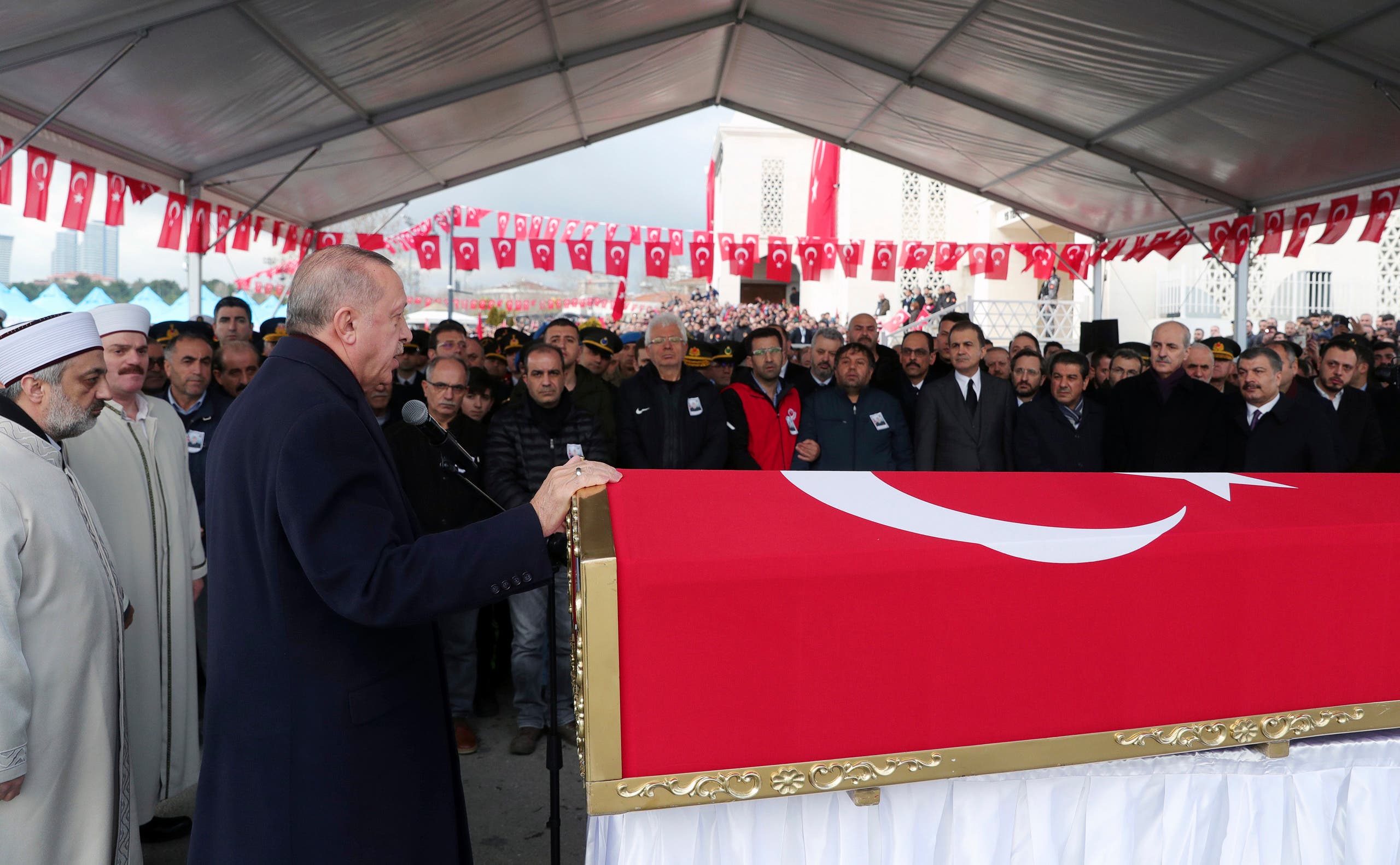 Turkey's President Recep Tayyip Erdogan speaks during funeral prayers for Emre Baysal, one the 36 Turkish soldiers killed on Thursday in a Syrian army attack in the Idlib area of Syria, in Istanbul on Feb. 29, 2020. (AP)