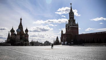 A man walks through the deserted Red Square in Moscow on April 6, 2020, amid the spread of the COVID-19 coronavirus. (AFP)