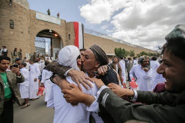 A Yemeni detainee is greeted by his relative and friends after his release from a prison controlled by Houthi rebels, in Sanaa, Yemen on Sept. 30, 2019. (AP)