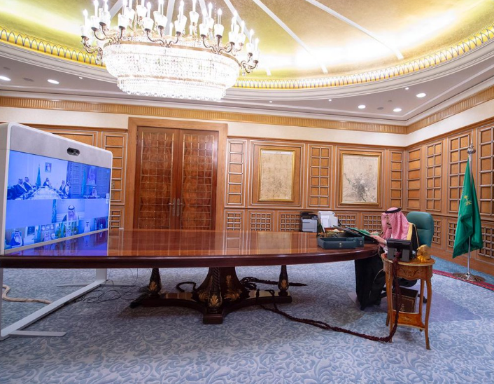 King Salman during a virtual meeting with the Saudi Cabinet. (SPA)