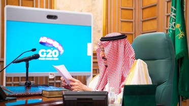 Saudi King Salman bin Abdulaziz speaks via video link during a virtual G20 summit on coronavirus disease (COVID-19), in Riyadh, Saudi Arabia, March 26, 2020. (Saudi Royal Court/Handout via Reuters)
