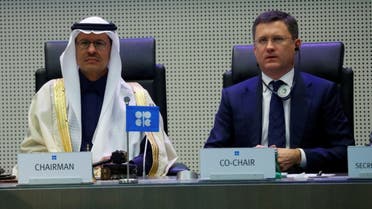 Saudi Arabia's Minister of Energy Prince Abdulaziz bin Salman and Russia's then-Energy Minister Alexander Novak (now Prime Minister) are seen at the beginning of an OPEC and NON-OPEC meeting in Vienna, Austria, December 6, 2019. (Reuters)