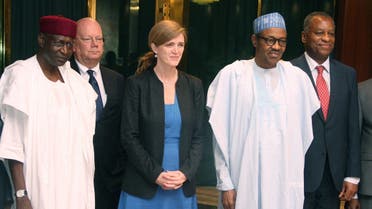 President Mohammadu Buhari poses in a group photograph with US Permanent Representative to the United Nations Samantha Power, while Chief of Staff to the President Abba Kyari (L). (File photo: AFP)