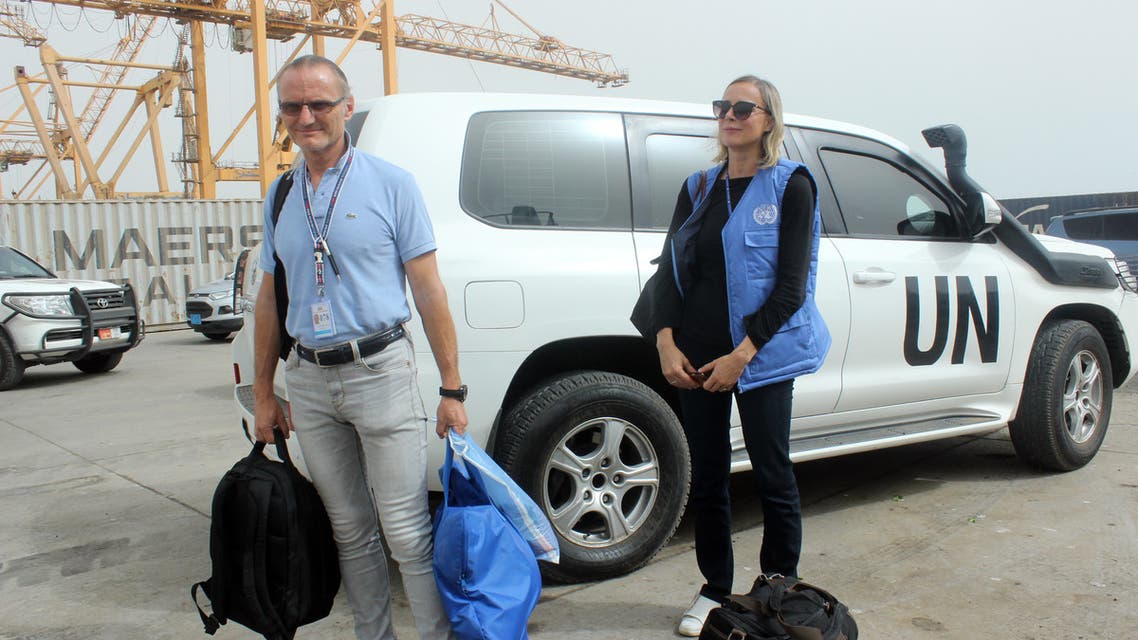 Representatives of the UN Redeployment Coordination Committee (RCC) arrive to attend a joint meeting with representatives of the Yemeni government and the Huthi rebels in Yemeni port city of Hodeida on July 14, 2019.