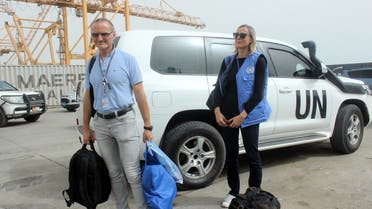 Representatives of the UN Redeployment Coordination Committee (RCC) arrive to attend a joint meeting with representatives of the Yemeni government and the Huthi rebels in Yemeni port city of Hodeida on July 14, 2019. 