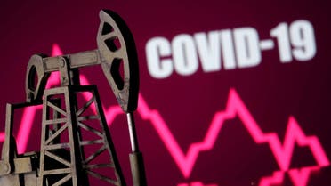 A 3D printed oil pump jack is seen in front of displayed stock graph and COVID-19 words in this illustration picture. (Reuters)