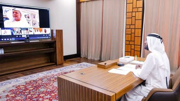 Sheikh Mohammed bin Rashid Al Maktoum, Vice President, Prime Minister and Ruler of Dubai chairs a virtual meeting of the UAE Cabinet on April 21, 2020. (WAM) 