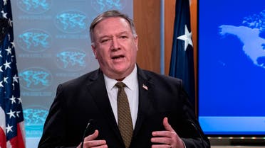 The US Secretary of State Mike Pompeo speaks during a press briefing at the State Department on April 22, 2020, in Washington. (AP)