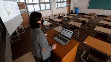 An unidentified teacher gives an online class amid the new coronavirus outbreak at Seoul girls' high school in Seoul on April 9, 2020. (AP)