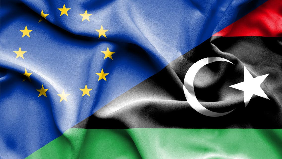Libya and European Union two flags together realations textile cloth fabric texture stock photo