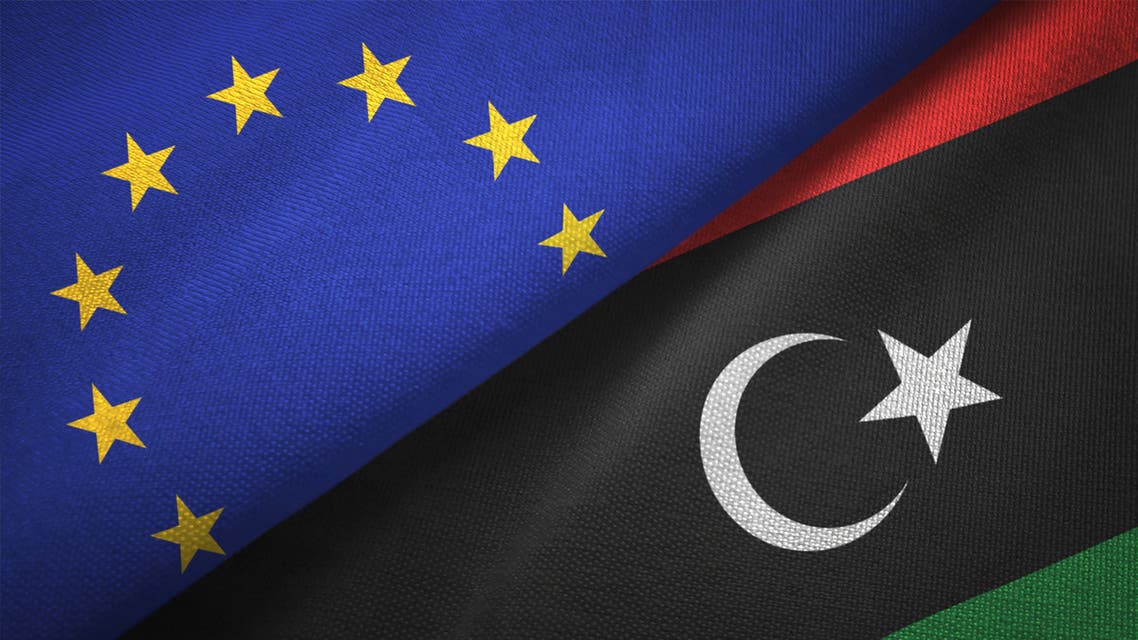 Libya and European Union two flags together realations textile cloth fabric texture stock photo