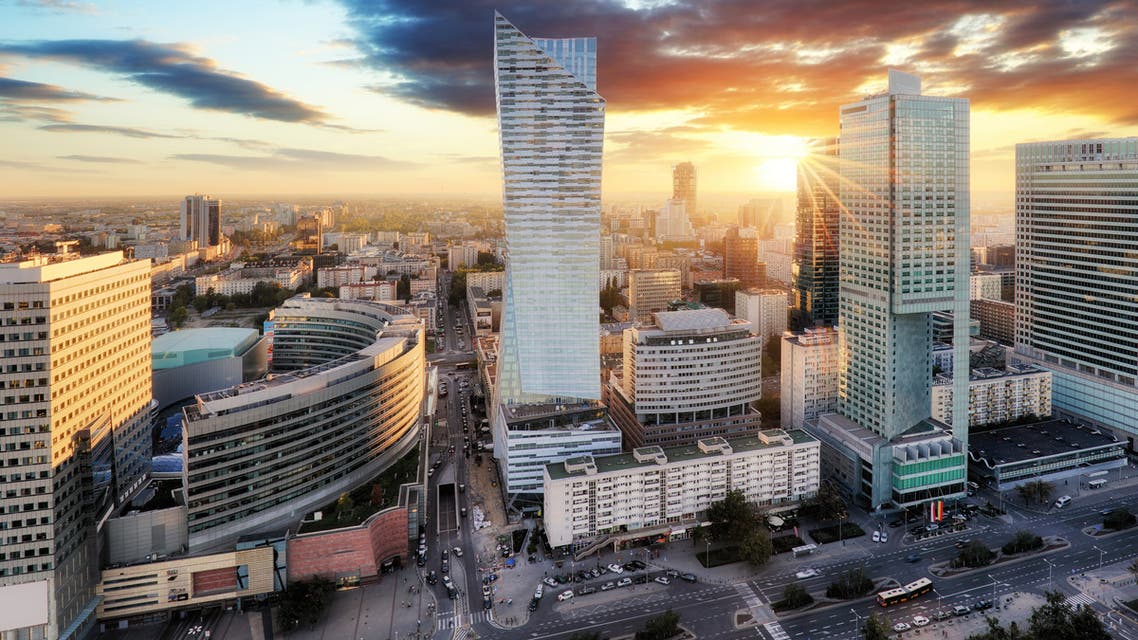Sunset panorama of Warsaw, capital of Poland, Europe stock photo